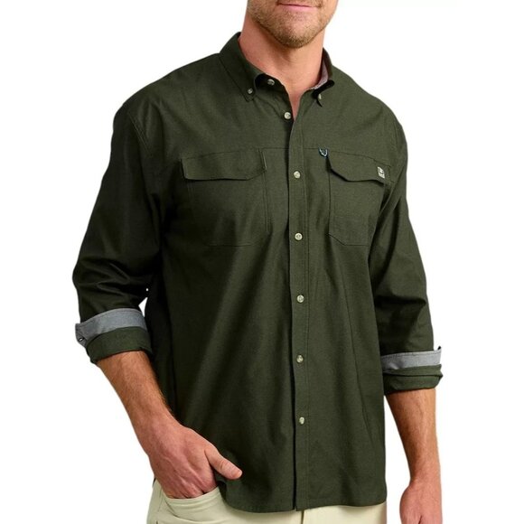 Huk Fishing Hawser Heather Flannel Shirt Mens Size Small Green Polyester - Picture 1 of 4